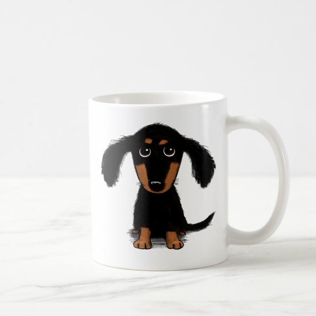 Cute Black and Tan Long Haired Dachshund Puppy Dog Coffee Mug (Right)