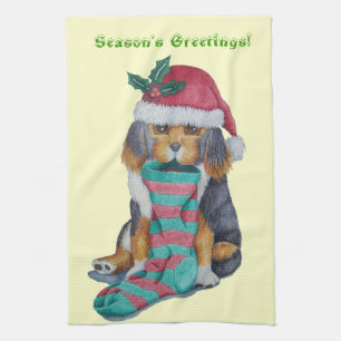 cute black and tan puppy with christmas stocking tea towel