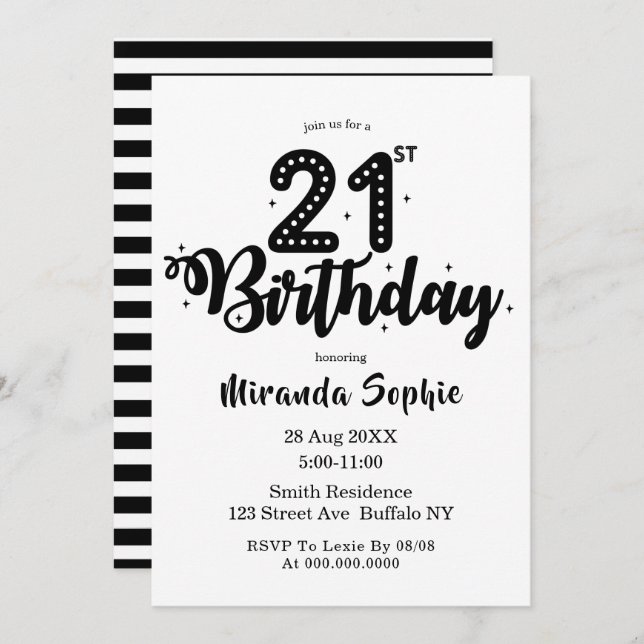 Cute Black and White  21st Birthday Invitations  (Front/Back)