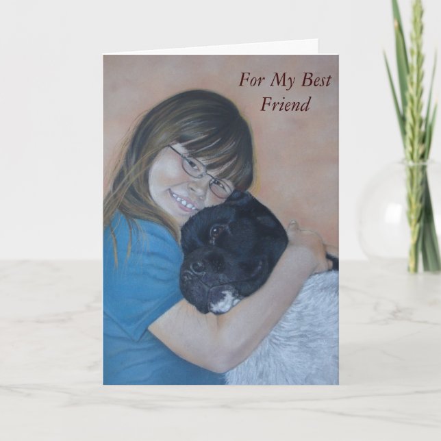 Cute black and white akita cuddling best friend card (Front)
