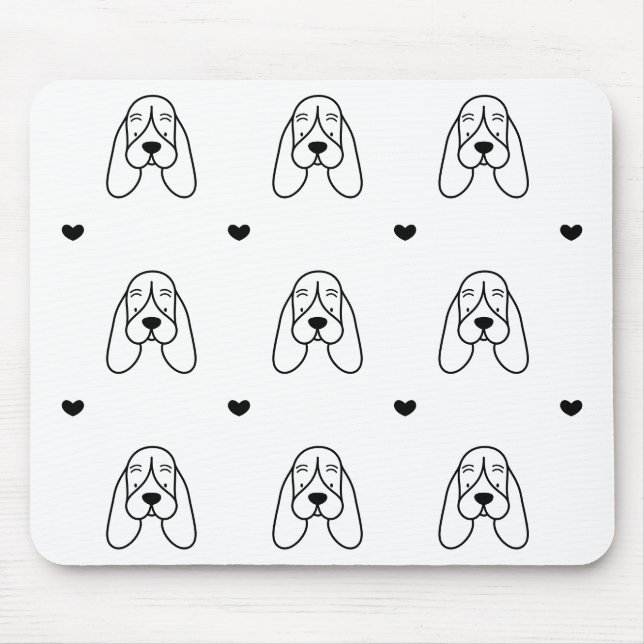 Cute Black and White Basset Hound Heart Pattern Mouse Mat (Front)