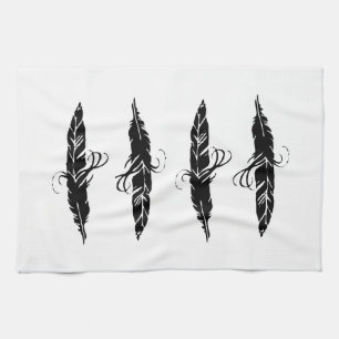 Cute Black and White Boho Feather Pattern Tea Towel