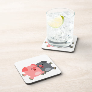 Cute Black and White Cartoon Pigs Coasters Set
