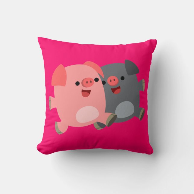 Cute Black and White Cartoon Pigs Throw Pillow (Front)