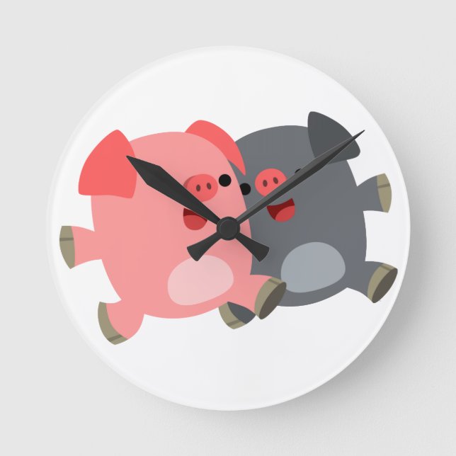 Cute Black and White Cartoon Pigs Wall Clock (Front)