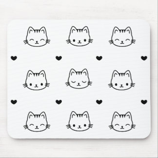 Cute Black and White Cat and Heart Pattern Mouse Mat