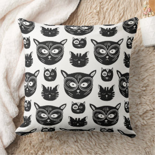 Cute Black and White Cat Faces Pattern Cushion
