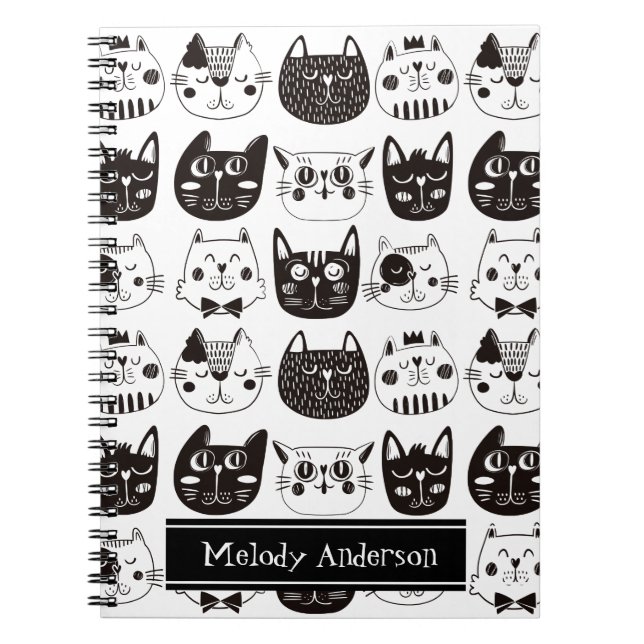 Cute Black and White Cat Faces Pattern Notebook (Front)