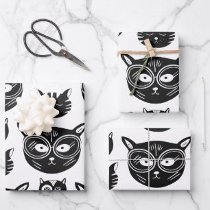 Cute Black and White Cat Faces Pattern Wrapping Paper Sheet
