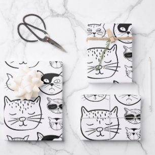 Cute Black and White Cat Faces Pattern Wrapping Paper Sheet