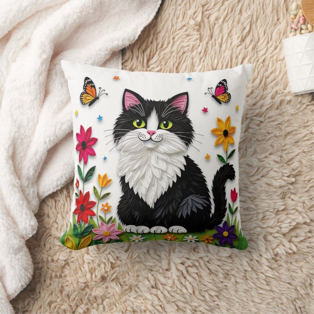 Cute Black and White Cat, Flowers and Butterflies Cushion (Blanket)