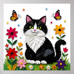 Cute Black and White Cat, Flowers and Butterflies Poster