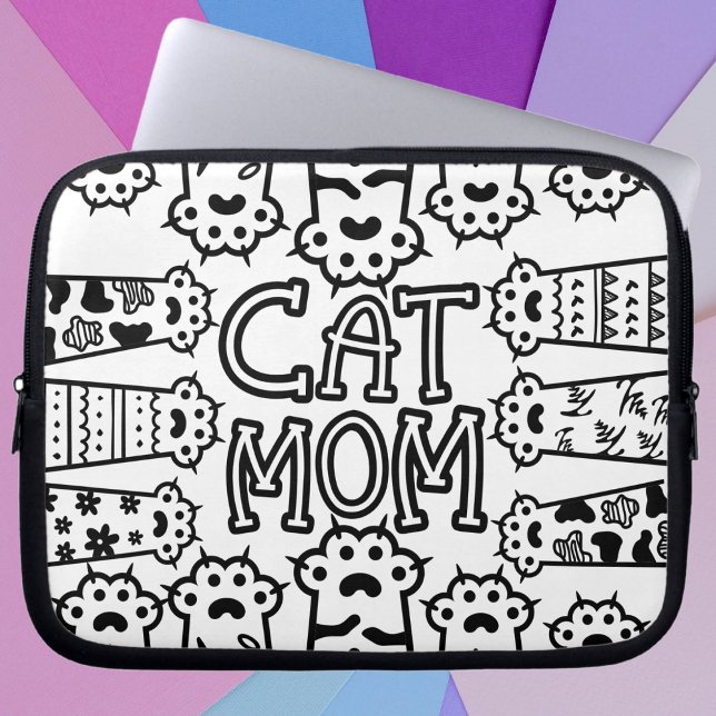 Cute Black and white cat mom with cat paws Laptop Sleeve (Stylish Cat Mom For Cat Lovers Laptop Sleeve)