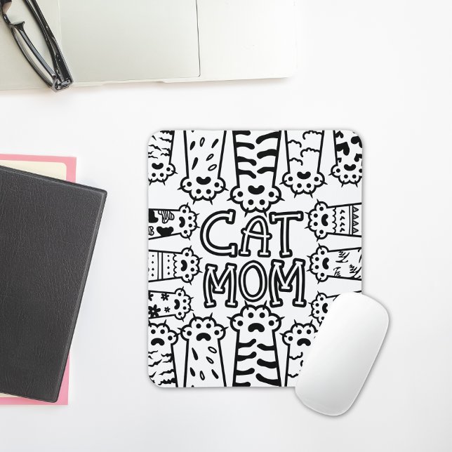 Cute Black and white cat mom with cat paws Mouse Mat (Fun Black & White Cat Mom For Cat Lovers Mouse Pad)