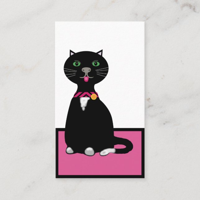 Cute black and white cat on a pink mat business card (Front)