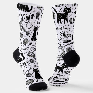Cute Black and White Cat Pattern Socks  Minimalist