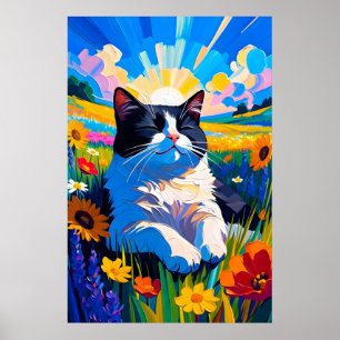 Cute black and white cat resting in sunny meadow poster