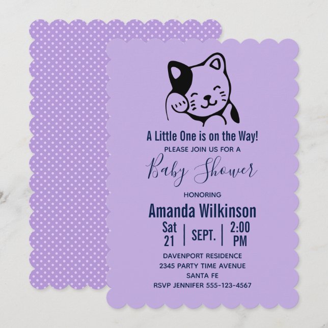 Cute Black and White Cat Waving -  Baby Shower Invitation (Front/Back)