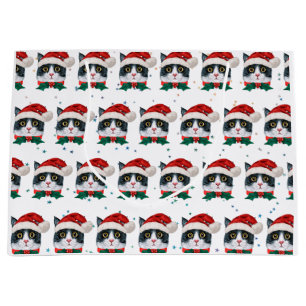 Cute Black and White Cat With Santa Hat Christmas Large Gift Bag