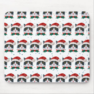 Cute Black and White Cat With Santa Hat Christmas Mouse Mat