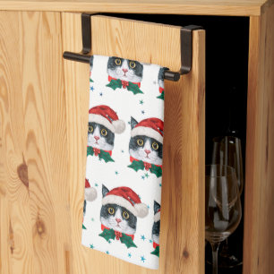Cute Black and White Cat With Santa Hat Christmas Tea Towel