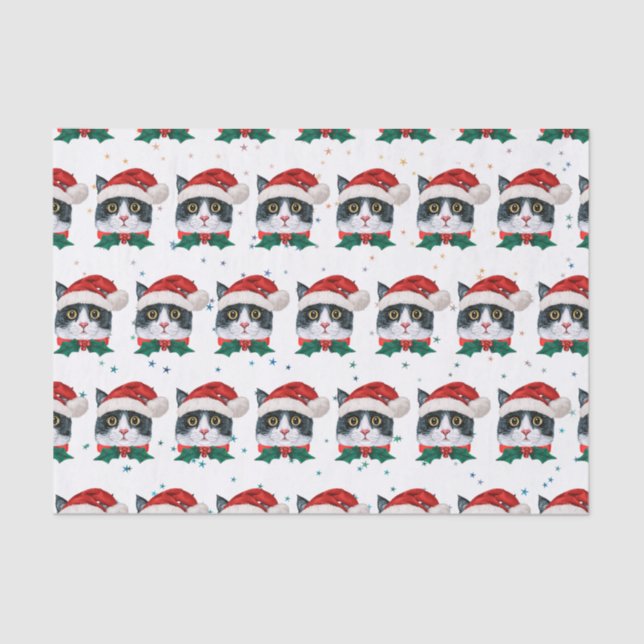Cute Black and White Cat With Santa Hat Christmas Tissue Paper (Front)