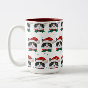 Cute Black and White Cat With Santa Hat Christmas Two-Tone Coffee Mug