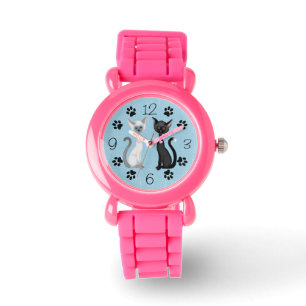 Cute Black and White Cats with Paw Prints on Blue Watch
