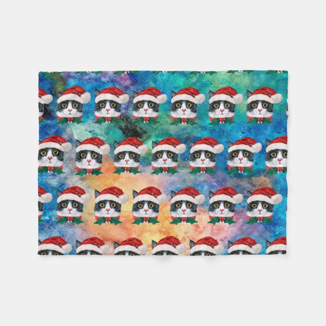 Cute Black and White Christmas Cat Faces Pattern Fleece Blanket (Front (Horizontal))