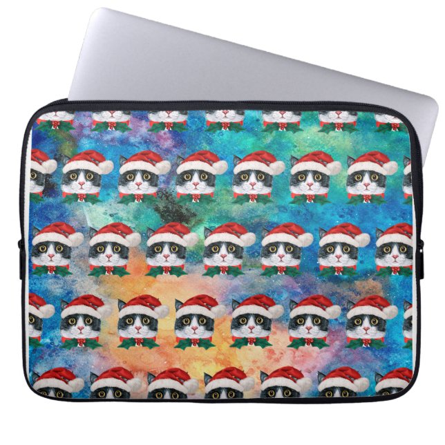 Cute Black and White Christmas Cat Faces Pattern Laptop Sleeve (Front)
