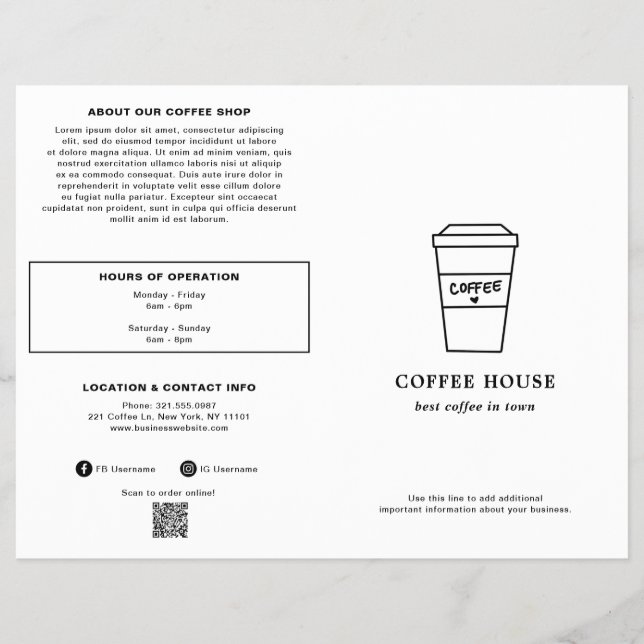 Cute Black and White Coffee Cup Coffee Shop Menu (Front)