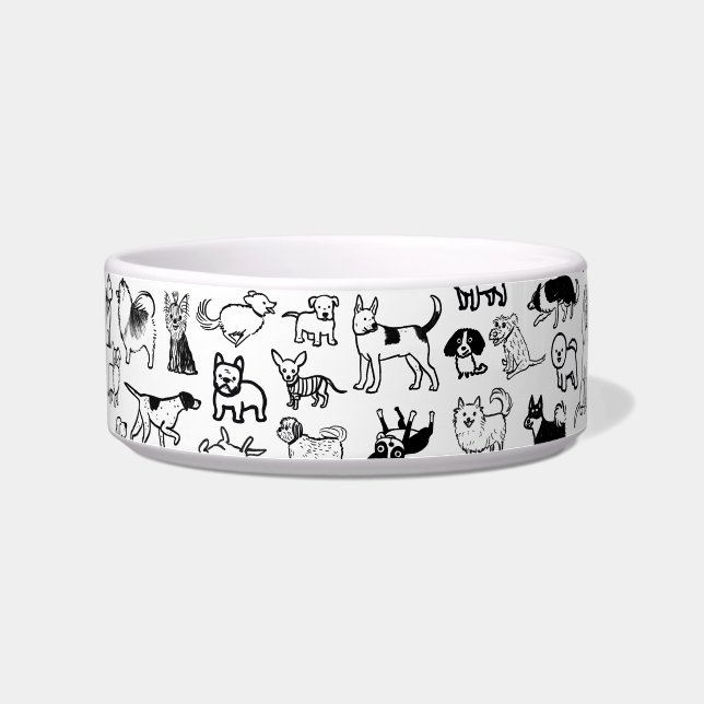 Cute Black and White Dog Drawings Pet Bowl (Left)