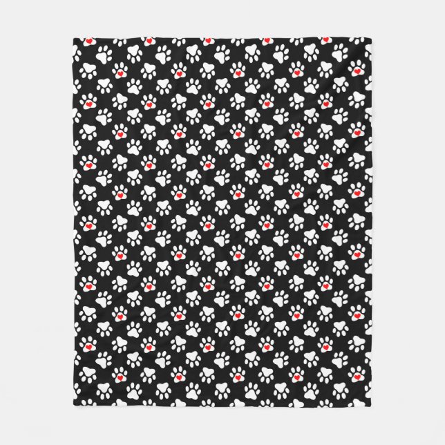 Cute Black and White Dog Paws With Hearts Pattern Fleece Blanket (Front)