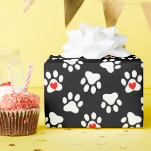 Cute Black and White Dog Paws With Hearts Pattern Wrapping Paper