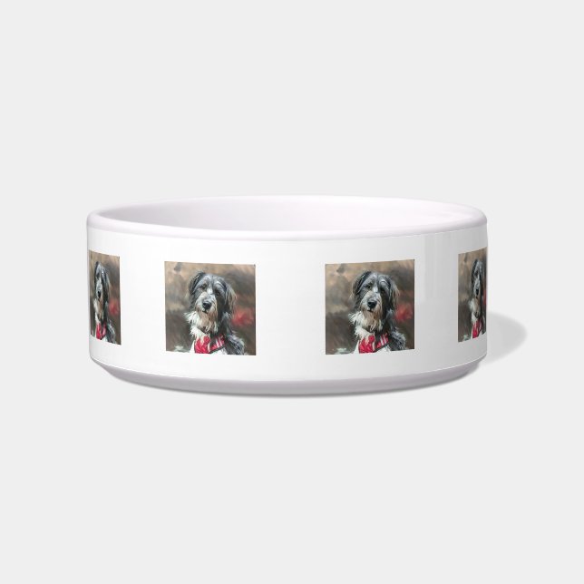 Cute Black and White Doodle Dog Ceramic Pet Bowl (Front)