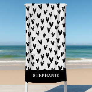 Cute Black And White Doodle Hearts Personalised Beach Towel