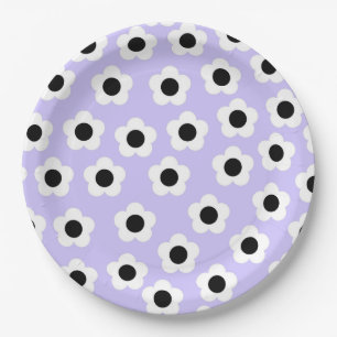 Cute Black and White Flower With Blue Background Paper Plate