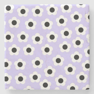 Cute Black and White Flower With Blue Background Stone Coaster