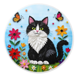 Cute Black and White  Folk Art Cat and Flowers Ceramic Knob