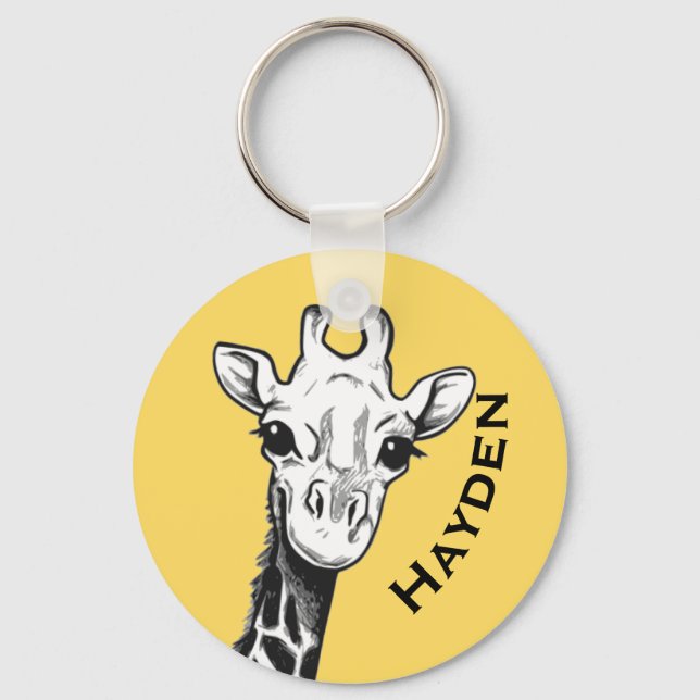 Cute Black and White Giraffe Drawing Personalised Key Ring (Front)