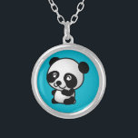 Cute black and white happy panda bear silver plated necklace<br><div class="desc">A cute and adorable illustration of a black and white panda bear sitting down and looking happy,  friendly and loveable. Turquoise blue background.</div>
