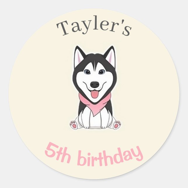 Cute black and white husky dog classic round sticker (Front)