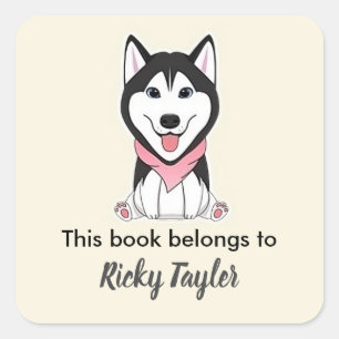 Cute black and white husky dog square sticker