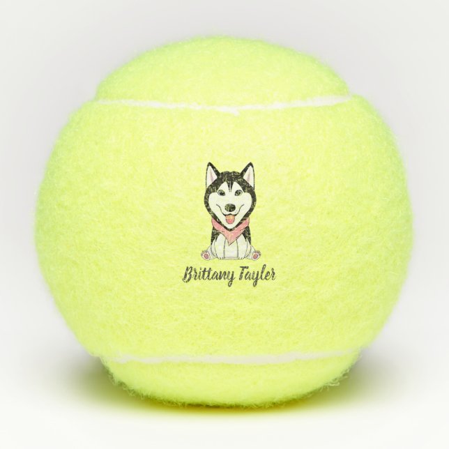 Cute black and white husky dog tennis balls (Front)