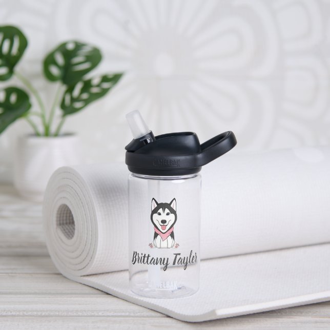 Cute black and white husky dog water bottle (Yoga)