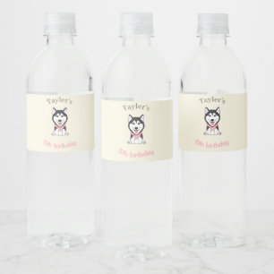 Cute black and white husky dog water bottle label