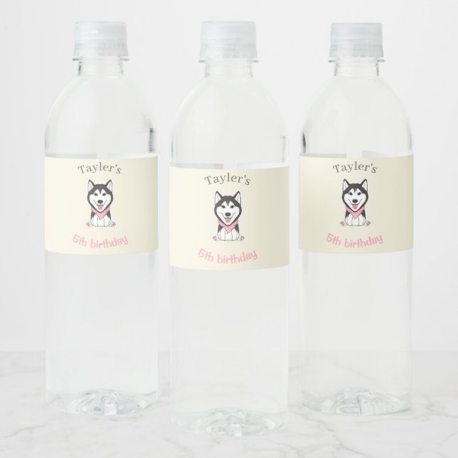 Cute black and white husky dog water bottle label (Bottles)