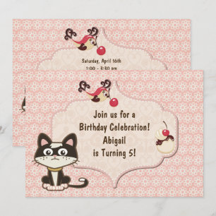 Cute Black and White Kitty Cat on Pink Birthday Invitation