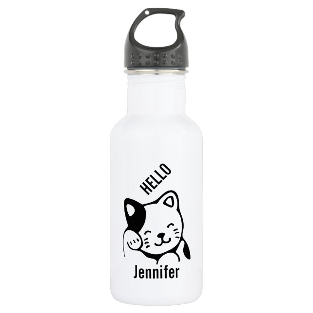 Cute Black and White Kitty Cat Waving Hello 532 Ml Water Bottle (Front)
