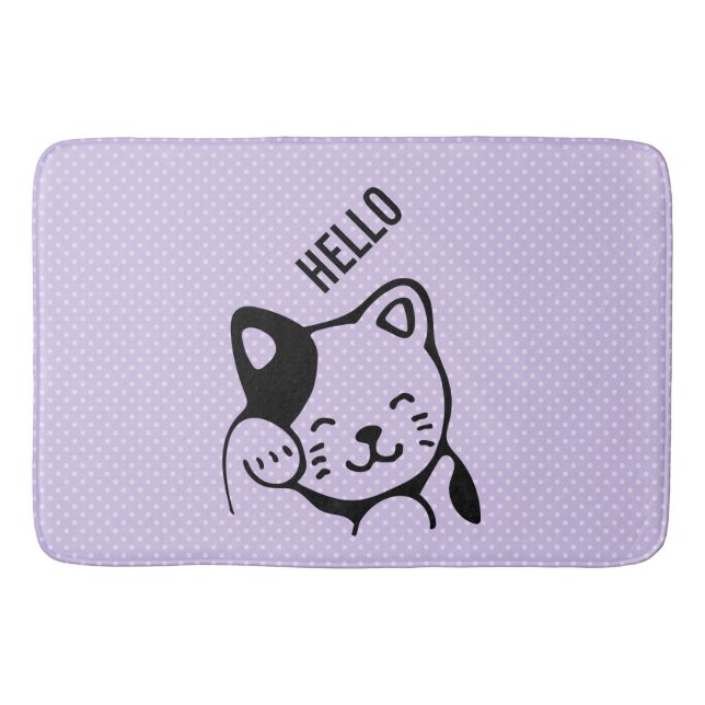 Cute Black and White Kitty Cat Waving Hello Bath Mat (Front)